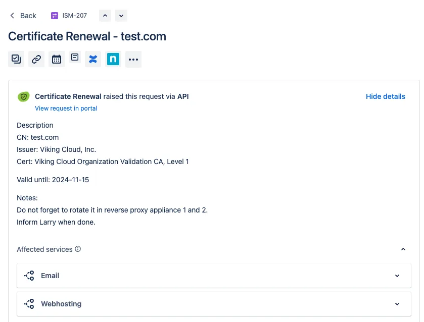 Screenshot of an issue created by our product 'Certificate Renewal' for Jira Software and Jira Service Management