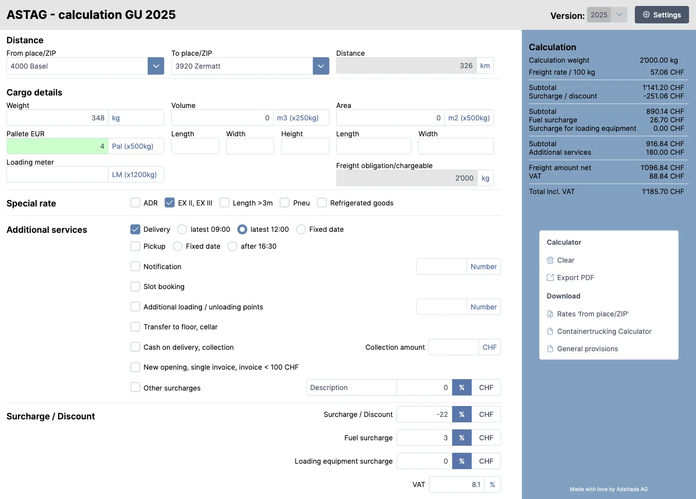 Screenshot of our Swiss Road Freight Calculator product